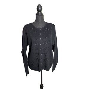 Vintage Russ Classics Women's Black Wool Blend Beaded Cardigan Sweater Size M